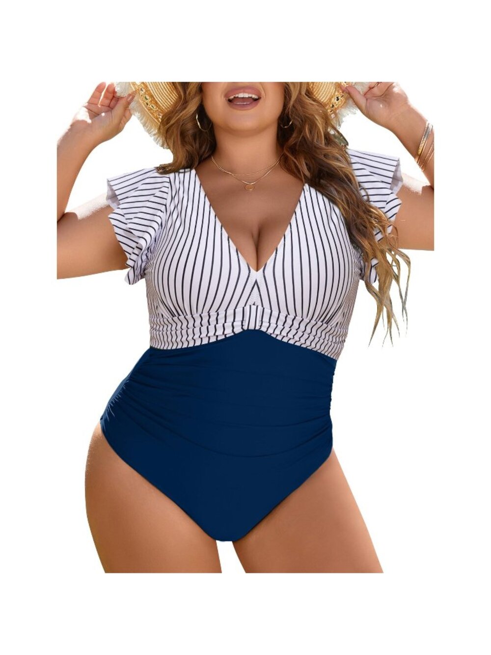 Woman's Swimwear Blue -White Striped V-Neck Ruffle Sleeve Plus Size Swimsuit